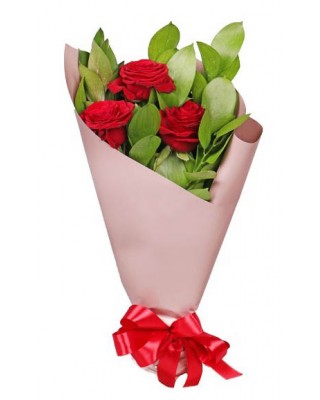 Букет 3 красных розы с зеленью